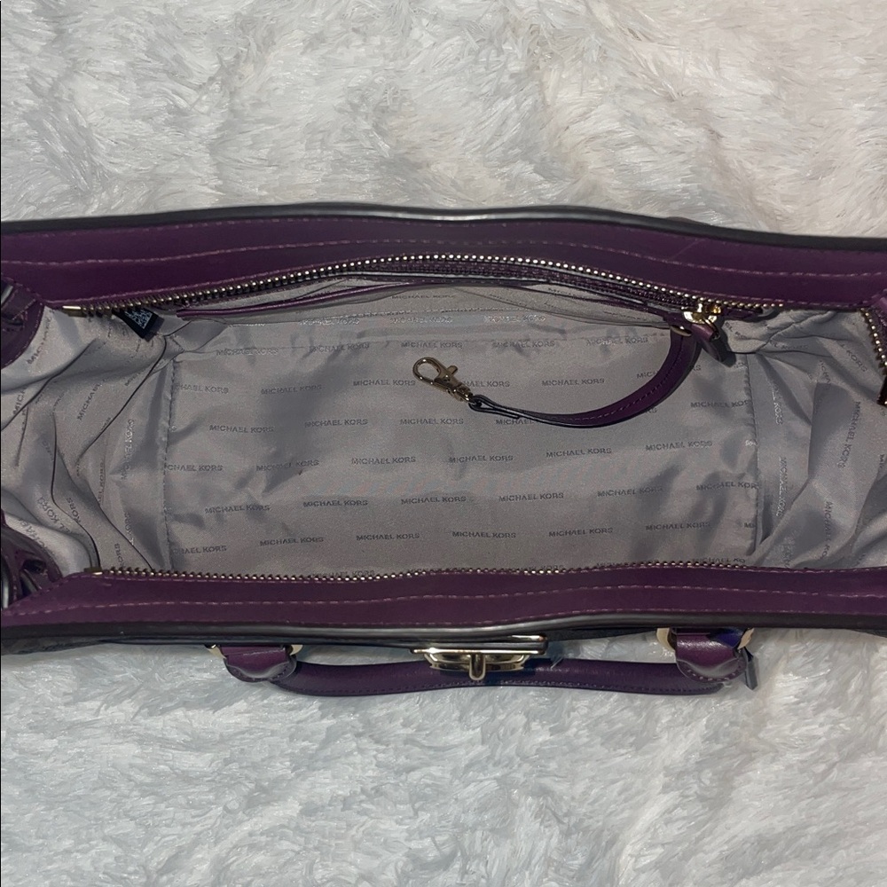 Michael Kors Hamilton Plum Violet Leather & Signature Monogram Canvas Satchel - Picture 14 of 17